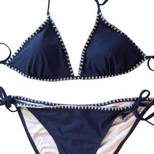 Navy Blue String Bikini‎ with White Stitching UPF 50 Plus Size XL Top XL Bottom